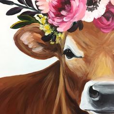 a painting of a cow with flowers on its head