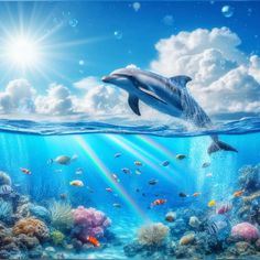 a dolphin swims in the ocean with fish and corals under water's surface