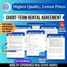 the short term rental agreement is shown in three different colors and sizes, including blue