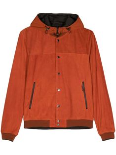 burnt orange suede detachable drawstring hood stand-up collar long sleeves ribbed cuffs and hem two side zip-fastening pockets full lining internal zip-fastening pockets internal logo patch straight hem front press-stud and zip fastening Orange Zip Up Hoodie Outfit, Orange Long Sleeve Outerwear With Pockets, Orange Hooded Outerwear With Pockets, Orange Outdoor Outerwear With Pockets, Orange Zip Up Hoodie, Press Studs, Mens Activewear, Hoodie Jacket, Burnt Orange