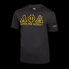 a black t - shirt with yellow letters on the chest and an aca across the chest