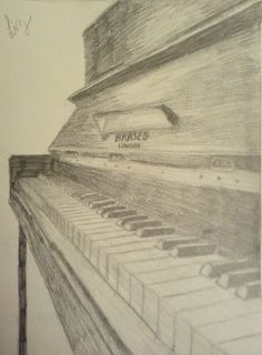 a pencil drawing of a piano with the word raised on it's side and keys at the top