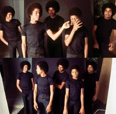 four different pictures of men in black shirts and pants, one with an afro hairstyle