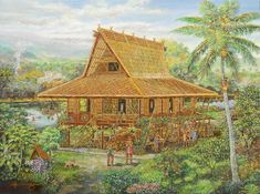 a painting of a house in the jungle with people standing around it and palm trees