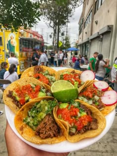 a person holding up a plate with tacos on it