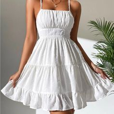 Shein Petite Swiss Dot Shirred Ruffle Hem Cami Cottagecore White Mini Dress, Short White Dress Summer, Short Summer Dresses Casual, White Summer Dresses For Women, Simple Cute Dresses Casual, Casual White Dress Short, Short White Dress Outfit Casual, Cute White Dresses Casual, White Party Sundress