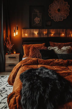 DIY fall decor for bedroom showcasing handmade seasonal touches 2 Highland Bedroom Ideas, Bedding Colour Scheme Rust, Burnt Orange Bed Set, Cinnamon And Black Bedroom, Bedrooms Cozy Aesthetic, Room Inspiration Bedroom For Couples, Rust Black Bedroom, Chocolate Bedroom Decor, Jewel Bedroom Ideas