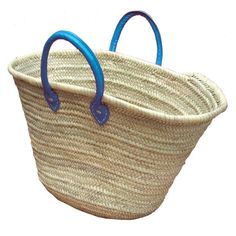 a large basket with handles and blue handles on the handle is shown in front of a white background