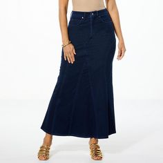 C Wonder by Christian Siriano Denim Paneled Maxi Skirt Curve-hugging fit, versatile wash, and flirty paneled mermaid shape? Check, check annnd check. This denim maxi skirt from C Wonder by Christian Siriano deserves prime real estate in your closet. Crafted from a soft, cotton-rich denim knit fabric, it has the perfect blend of comfort and structure, giving in all the right places, but never losing shape. Timeless with tall boots or unexpected with satin ballet flats, this style will turn heads with every wear. Luxury High-rise Denim Skirt With Five Pockets, Blue Denim Full-length Maxi Skirt, Full Length Non-stretch Denim Blue Denim Skirt, Fitted Full-length Denim Skirt With Frayed Hem, Luxury High Waist Five-pocket Denim Skirt, Satin Ballet Flats, Denim Maxi Skirt, Christian Siriano, Chiffon Skirt