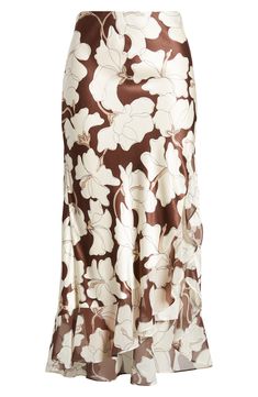 Silk Floral Print Midi Skirt, Silk Flowy Skirt With Floral Print, Silk Floral Print Flowy Skirt, Silk Floral Print Skirt, Flowy Brown Floral Print Skirt, Brown Flowy Floral Print Skirt, Flowy Brown Skirt With Floral Print, Brown Flowy Skirt With Floral Print, Satin Slip Skirt