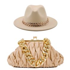 Accessorize any outfit with our most loved fashion fedora. Make heads turn in these. Size : 15.7" X 14.6" Material : 65% Polyester, 35% Cotton Chain Pointed Solid Panama HatMini Matching bag with chunky gold chain as pictured.﻿Preorder only, item will ship on or around April 8th 2022. Once a Preorder has been placed it cannot be modified or cancelled. Tracking information will be emailed to customers when orders ship. Fedora Hat Style, Womens Fedora Hat, Womens Tweed Jacket, Chunky Gold Chain, Womens Fedora, Accessories Set, Felt Hat, Brim Hat, Fedora Hat