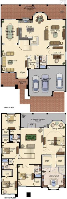 two story house plans with garage and living room in the middle, one bedroom on each floor