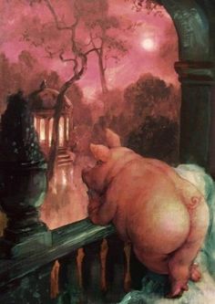 a painting of a pig sitting on a balcony railing looking at a tree with pink lights in the background