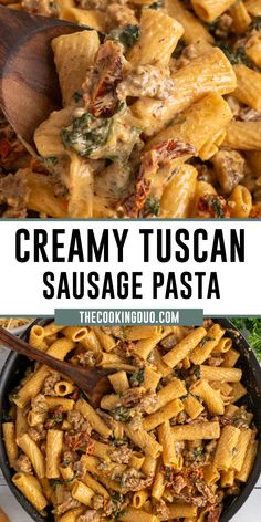 Close-up of Tuscan sausage pasta on a wooden spoon and in a skillet. Creamy Tuscan Sausage Pasta, Tuscan Sausage Pasta, Sausage Dinner Recipes, Tuscan Sausage, Sausage Pasta Recipe, Sausage Spinach Pasta, Sausage Pasta Recipes, Italian Sausage Pasta, Italian Sausage Recipes