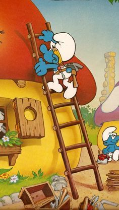 the smurfs are climbing up and down the ladder