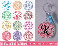 floral round patterns with the letter k on each keychain and an additional monogram