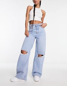 ASOS DESIGN dad jeans in light blue with rips | ASOS High Rise Ripped Denim Jeans, Spring High Rise Ripped Jeans, Ripped Straight Leg Jeans In Light Blue, Trendy Ripped Light Blue Jeans, Light Blue Ripped Straight Leg Jeans, Ripped Light Blue Denim Bottoms, Light Blue Ripped Denim Jeans, Light Blue High Waist Ripped Jeans, Ripped Light Wash Full-length Jeans