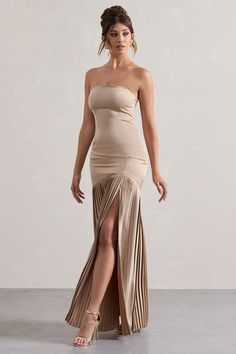 Confidence | Champagne Satin Bandeau Pleated Split Maxi Dress Midi Bridesmaid Dress, Maxi Dress Designs, Skirt Maxi, Strapless Maxi