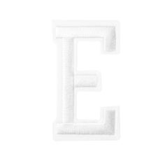 the letter e is made out of white toweling material and has an embellishment