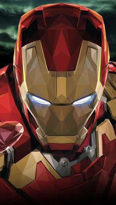 an iron man made out of polygonics on a dark background with the eyes glowing