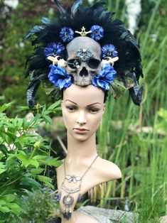 READY TO SHIP You are looking at a Hand-made SiminsCreations Headdress. If you want to make a statement with head wear, this is the piece for you. This feather skull beauty is perfect for any event - Renaissance Fair, Costume Parties, Masquerades, Festivals or whatever may strike your fancy. This one is in shades of blue and black. Shipping price is included in this listing. If you are interested in a matching Shrug (see example) please let me know: https://www.etsy.com/listing/291486629/design- Handmade Gothic Costume Hats And Headpieces For Parties, Handmade Gothic Costume Hats And Headpieces, Handmade Fantasy Headpiece For Costume Party, Gothic Headpieces For Carnival Festival, Mystical Halloween Festival Costume Hats And Headpieces, Fantasy Costume Hat With Tall Crown For Festivals, Fantasy Tall Crown Costume Hat For Festival, Gothic Festival Costume Hat With Tall Crown, Horned Fantasy Headpiece For Festival