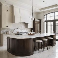 Loving this kitchen concept! Are you liking the curved island trend, too? Brings softness to the space while the tray ceiling adds to the grandeur. What's your favorite feature in a kitchen design? . Design. @cielo.and.oak #cieloconcept #rendering #render #kitchen #concept #kitchengoals #kitchensofinstagram #kitchendesign #aidesign #island #interiordesign #interiorinspo #interiorforinspo #yyj #yyjdesign #yyjbusiness #womeninbusiness Curved Islands In Kitchen, Oval Island Kitchen, Curved Kitchen Island With Seating, Round Island Kitchen, Rounded Island Kitchen, Curved Kitchen Island Ideas, Curved Kitchen Islands, Rounded Kitchen Island