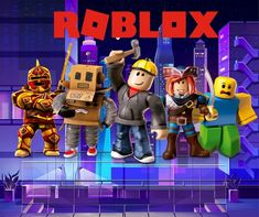 the roblox characters are standing in front of a cityscape