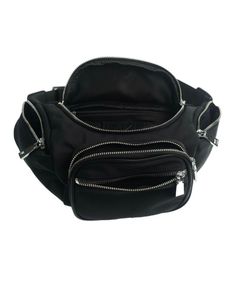 a black purse with three zippers on the front and one in the back pocket