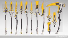 an assortment of yellow and black swords