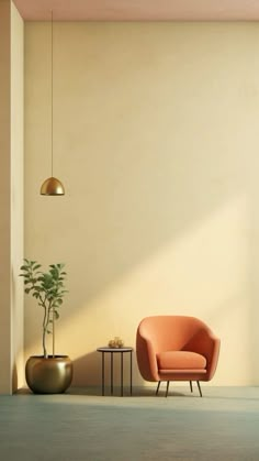 an orange chair sitting next to a potted plant