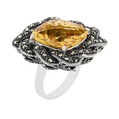 For style that makes a statement, accessorize with this sterling silver citrine and marcasite ring from Lavish by TJM. For style that makes a statement, accessorize with this sterling silver citrine and marcasite ring from Lavish by TJM. Nickel free Marcasite accents Metal: sterling silver Plating: rhodium Packaging: boxed Width: 0.8 in. Finish: polishedSTONE DETAILS Stone type: citrine Total weight: 6.85 ct. Center stone size: 13 mm x 13 mm Shape: cushion cut Setting: prong Color: Yellow. Gende Formal Silver Citrine Crystal Ring, Elegant Citrine Jewelry With Stone Setting, Elegant Yellow Ring Stamped 925, Vintage Silver Rings With Gemstone Accents, Elegant Silver Marcasite Rings, Formal Marcasite Gemstone Jewelry, Silver Marcasite Ring With Gemstone, Elegant Citrine Rings Stamped 925, Marcasite Ring