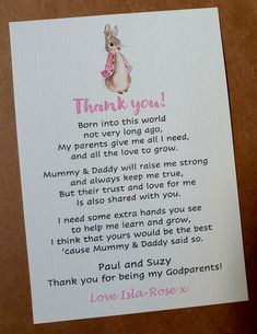 a thank card with an image of a bunny holding a pink bow on it's back