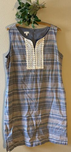 Talbots Shift Dress Blue Multi Striped Lined Sleeveless Crochet Bodice V-Neck  | eBay Cotton V-neck Sleeveless Sundress, Blue Sleeveless Top With Crochet Trim, Casual Blue Sleeveless V-neck Dress, Blue V-neck Shift Dress, Striped V-neck Cotton Dress, Casual Striped V-neck Sleeveless Dress, Yellow Stripes, Brands Outlet, Yellow White