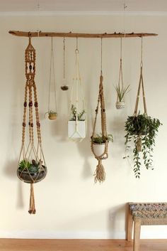 several hanging plants and planters on a wall in a room with a bench next to it