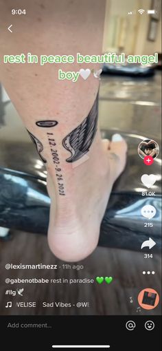 a person with a tattoo on their foot that reads, rest in peace beautiful angel boy