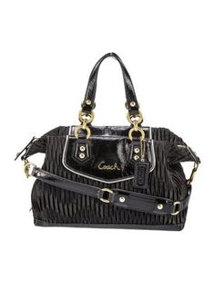 Coach Top Handle BagBlack LeatherGold-Tone HardwareFlat Handles & Single Shoulder StrapLeather Trim EmbellishmentSatin Lining & Three Interior PocketsZip Closure at TopProtective Feet at BaseUnfortunately, due to restrictions, this item may not be eligible for shipping in all areas. Luxury Double Handle Coach Bags, French Pleat, Swag Bag, Satchel Purse, Gorgeous Bags, Vintage Coach, Hand Bags, Shoulder Tote, Leather Satchel