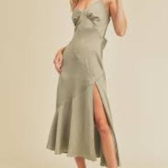 Elegant Satin Midi Dress With A Slit On The Side, Cute Tie Back Detailing. Sage Green Satin Dress, Green Satin Dress, Sage Green Dress, Dress Sage, Sage Dress, Dusty Sage, Flowy Midi Dress, Midi Slip Dress, Dress Dusty