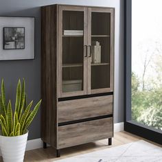 a wooden cabinet sitting next to a plant in a room with large windows and a rug on the floor