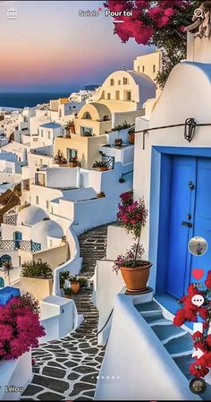 an image of a blue and white town with flowers