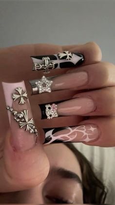 nails, nail inspo, acrylics, hello kitty, nail ideas, y2k nails, nail art Easy Nail Designs For Natural Nails, Red Nail Y2k, Grunge Long Nails, Y2k Nail Inspired, Nail Art Designs Hello Kitty, Nails Blinged Out, Nail Inspiration Grunge, Black Nail Designs Y2k, Y2k Xmas Nails