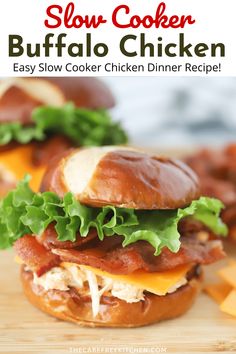 the slow cooker buffalo chicken sandwich has lettuce, cheese and bacon on it