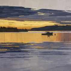 a painting of a boat in the water at sunset