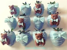 chocolate covered strawberries decorated with teddy bears and bow ties