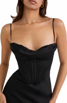 Be the highlight of every glam event in this stunning corset dress cut from silky satin in a curvaceous silhouette for an elegantly seductive look. Exclusive retailer 59 1/2" length Cowl neck Spaghetti straps Polyester/elastane Dry clean Imported House Of Cb Charmaine, Solid Maxi Dress, Party Outfits For Women, Maxi Rok, Long Bodycon Dress, Sling Dress, Cowl Neckline, Black Corset, House Of Cb