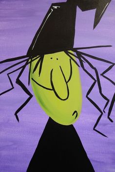 an acrylic painting of a cartoon character wearing a witches hat and holding a bat