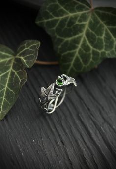 ITEM DESCRIPTION: The size of ring 7 (US and Canada) O (UK and AU) I can make it any size you want - just mark your size in the order Weight - 2 g. This botanical ring with ivy leaves looks so delicate and dainty. I made it of sterling silver and dark green chrome diopside. This Elven ring will be a great addition to your jewelry collection or a special piece for Engagement. This handmade ring will come to you in a gift box - ready for gifting. The parcel will be sent 1-2 days after payment. Del Unique Green Stackable Promise Rings, Silver Rings With May Birthstone For Proposal, Silver Proposal Ring With May Birthstone, Unique Green Promise Ring, Elf Ring, Ursula Jewelry, Elven Ring, Moon Phase Jewelry, Botanical Ring