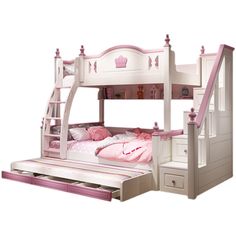 a white bunk bed with pink furniture and drawers on the bottom level is opened to reveal a staircase