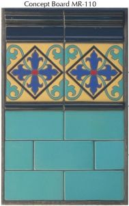 a blue and yellow tile wall with an ornate design on the bottom, in different colors