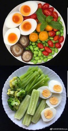 two plates filled with different types of vegetables and hard boiled eggs on top of each plate