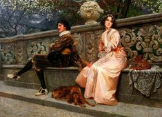 a painting of a man and woman sitting on a balcony with a dog next to them